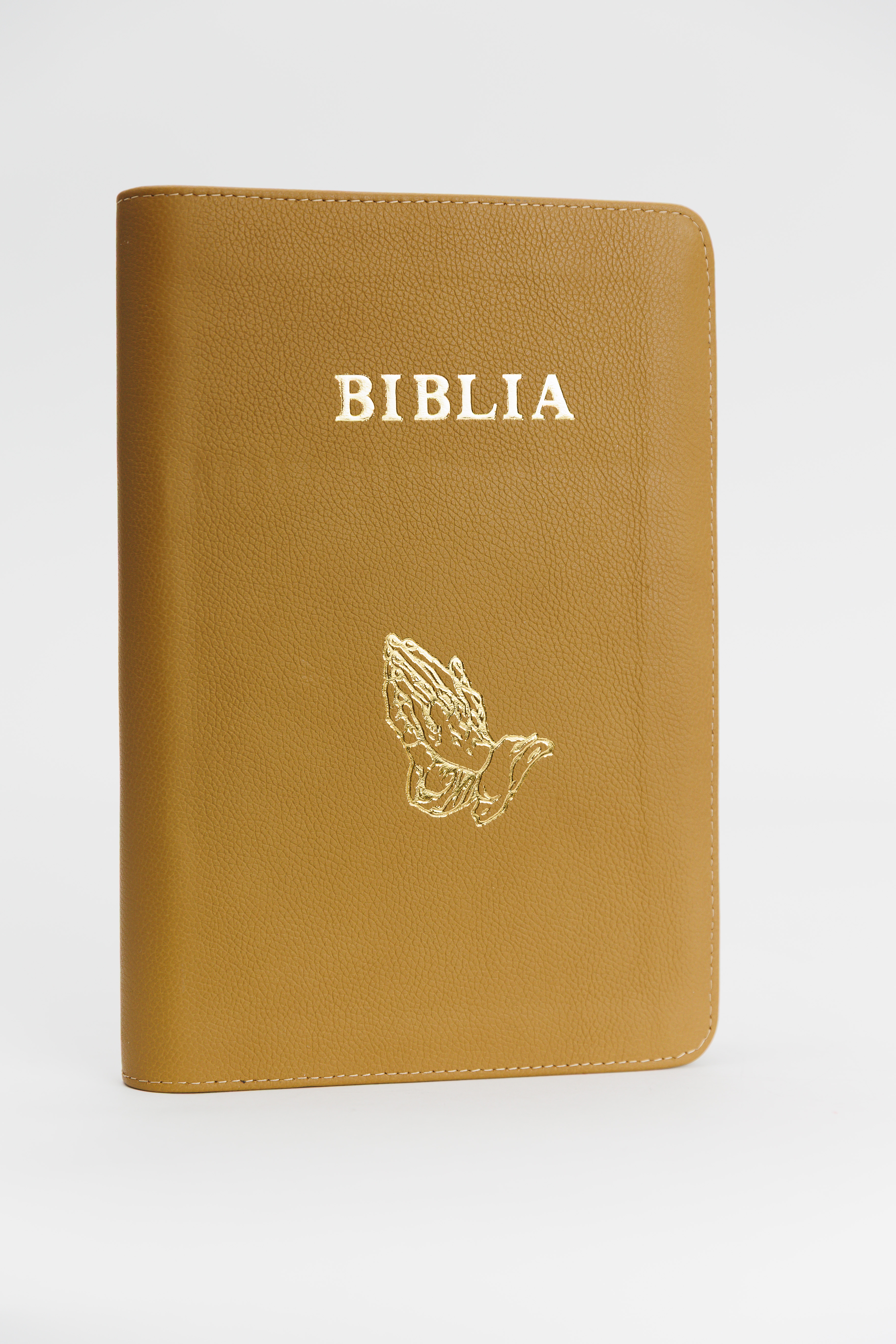 Biblie din piele, medie, maro muștar, margini aurii, index, maini in rugaciune, cuv. lui isus cu roșu [057 PFI]